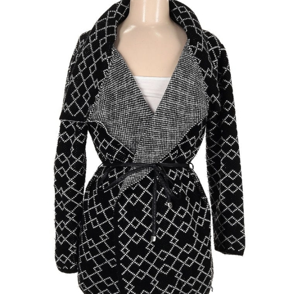 Ava Couture Belted Diamond Pattern Cardigan Sweater Jacket Women's sz M